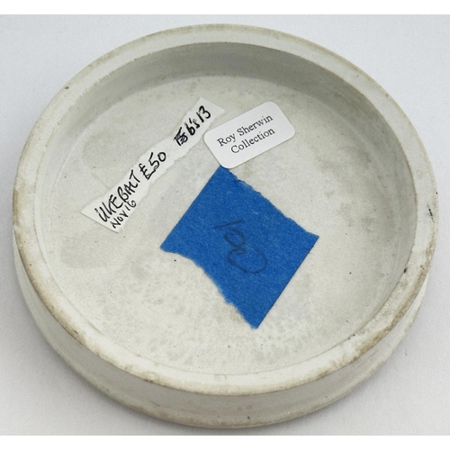 107 - LONDON POT LID. (APL p351, 54a) 3.3ins diam. Black transfer with two borders. EMOLLIENT SHAVING CREA... 