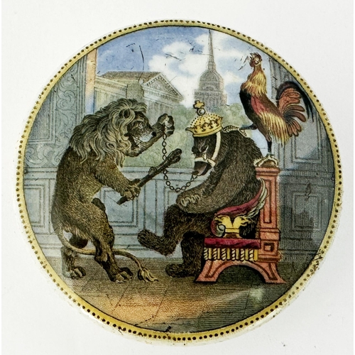 11 - BEAR LION & COCK POT LID. (KM p40, 19) 3ins diam. Multicoloured transfer. Without title; line and do... 