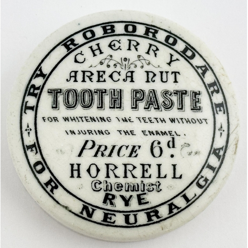 113 - RYE TOOTH PASTE POT LID. (APL p602 no pic) 2.9ins diam. A very clean black transfer. CHERRY ARECH NU... 