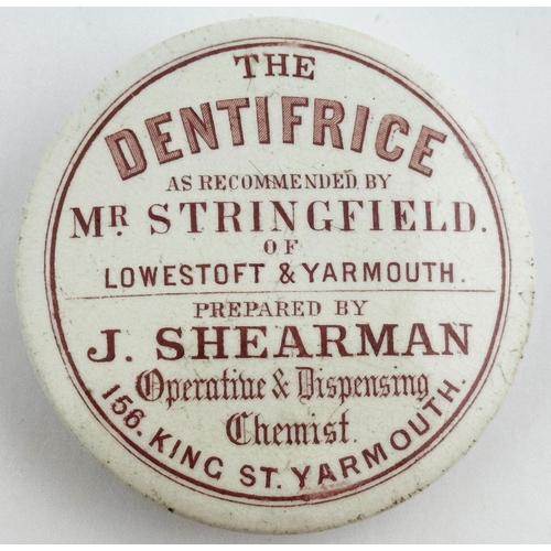 115 - YARMOUTH POT LID. (APL p458, 15) 3ins diam. Red transfer. THE DENTIFRICE/MR STRINGFIELD/ LOWESTOFT&Y... 