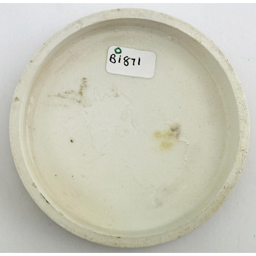 120 - RUGBY POT LID. (APL p635, 38) 3.3ins diam. Black transfer with AD border within a solid gold lined b... 