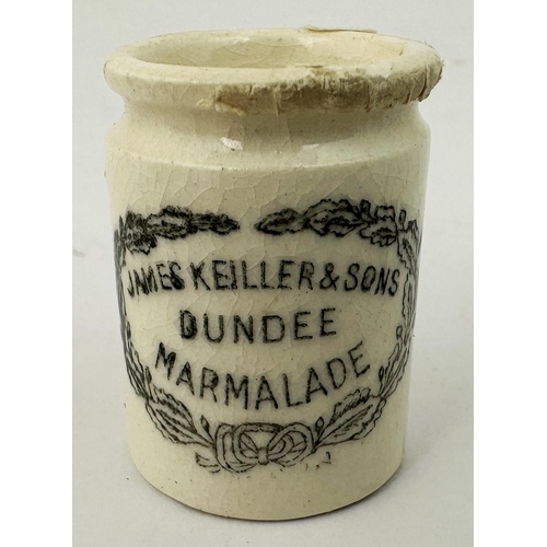 122 - MINIATURE JAMES KEILLER DUNDEE MARMALADE JAR. 1.4ins tall. Wonderful mini jar, off white crazed body... 