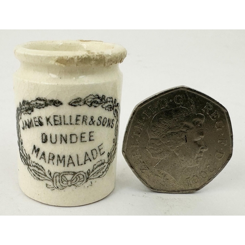 122 - MINIATURE JAMES KEILLER DUNDEE MARMALADE JAR. 1.4ins tall. Wonderful mini jar, off white crazed body... 