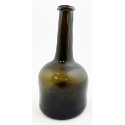 127 - ENGLISH LONG NECKED MALLET SPLIT SIZE WINE. 7.9ins tall. Black/ very dark green form - straight side... 