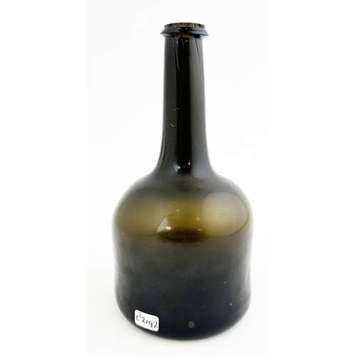 127 - ENGLISH LONG NECKED MALLET SPLIT SIZE WINE. 7.9ins tall. Black/ very dark green form - straight side... 