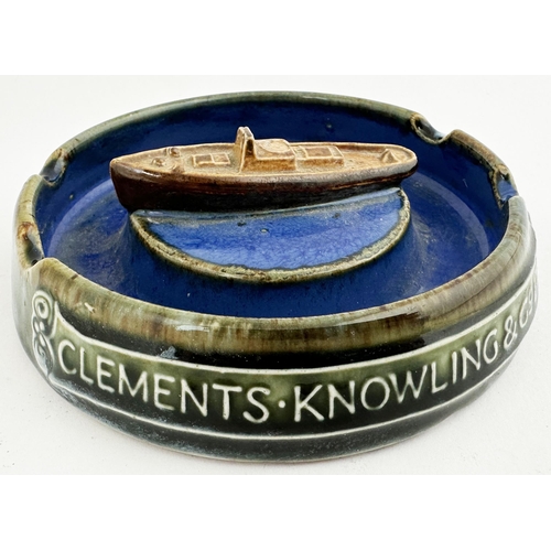 132 - CLEMENTS KNOWLING & CO LTD TUG BOAT ASHTRAY. 5ins diam. Doulton artware example with bright blue cen... 