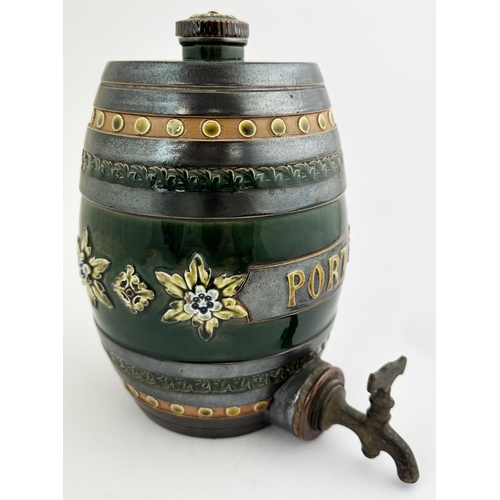 133 - DOULTON ARTWARE PORT BARREL. 9.4ins tall. Shiny glazed barrel dark & light green, brown, dark oxide ... 