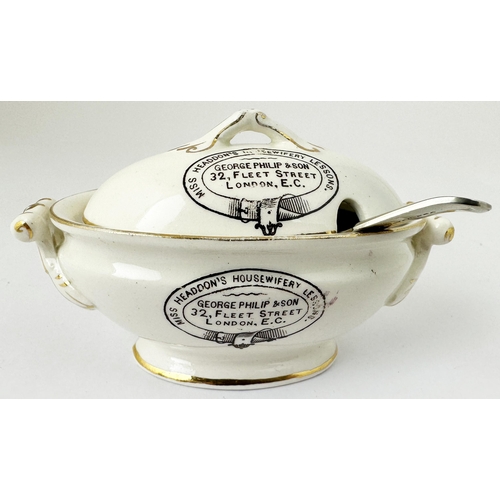 14 - LONDON MUSTARD POT WITH SLIVER SPOON. Dark brown transfer on both lid and base with gold detailing o... 