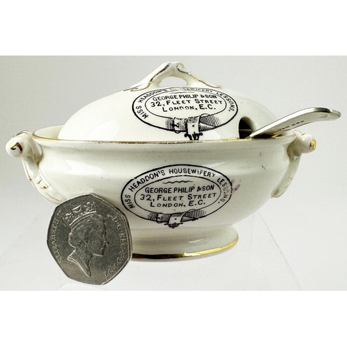 14 - LONDON MUSTARD POT WITH SLIVER SPOON. Dark brown transfer on both lid and base with gold detailing o... 