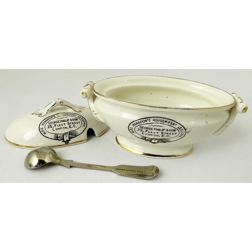 14 - LONDON MUSTARD POT WITH SLIVER SPOON. Dark brown transfer on both lid and base with gold detailing o... 