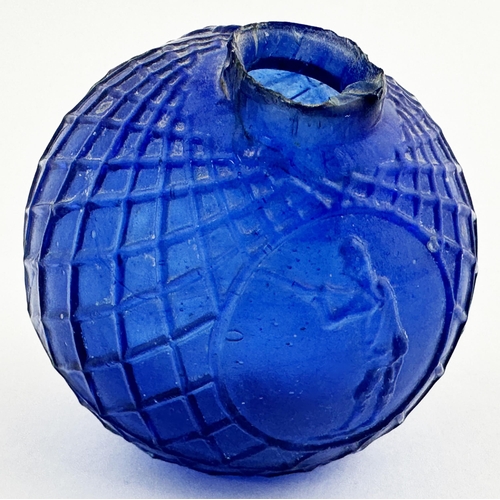 25 - SHOOTING MAN TARGET BALL. 2.9ins tall. Cobalt blue glass, diamond mesh embossing, shooting man picto... 