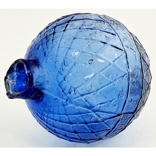 26 - N B PERTH GLASS WORKS TARGET BALL. 2.9ins tall. Mid blue glass. Diamond lattice body, letters within... 