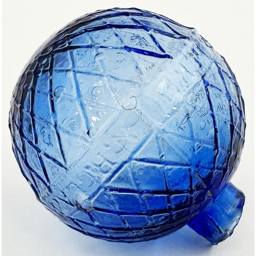 26 - N B PERTH GLASS WORKS TARGET BALL. 2.9ins tall. Mid blue glass. Diamond lattice body, letters within... 