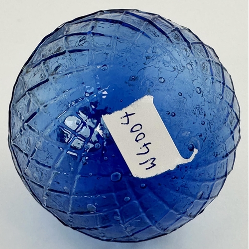 26 - N B PERTH GLASS WORKS TARGET BALL. 2.9ins tall. Mid blue glass. Diamond lattice body, letters within... 