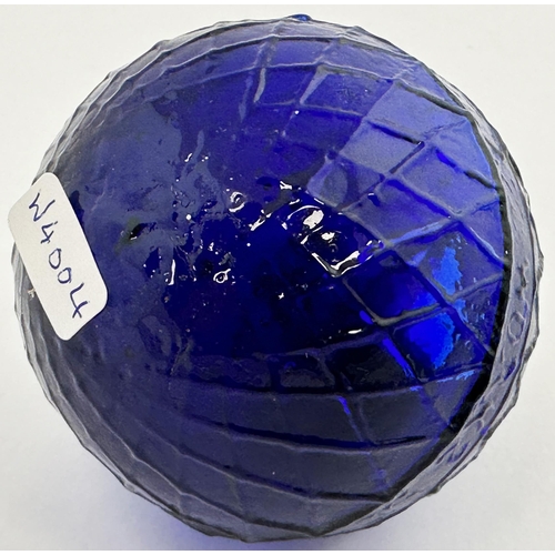 27 - N B PERTH GLASS WORKS TARGET BALL. 2.9ins tall. Deep cobalt blue glass. Diamond lattice body, letter... 