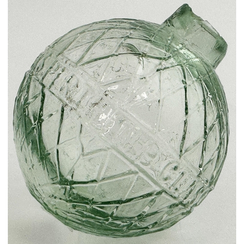 28 - N B PERTH GLASS WORKS TARGET BALL. 3ins tall. Deep aqua glass. Diamond lattice body, heavily embosse... 