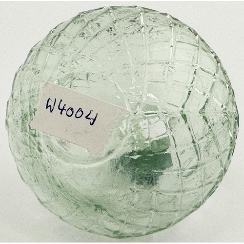 28 - N B PERTH GLASS WORKS TARGET BALL. 3ins tall. Deep aqua glass. Diamond lattice body, heavily embosse... 