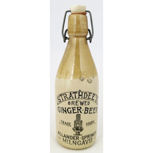 33 - MILNGAVIE STRATHDEES GINGER BEER BOTTLE. 8.1ins tall. Ch.,t.t., cork lip. STRATHDEES BREWED GINGER B... 