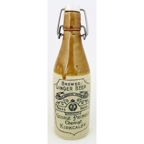 34 - KIRKCALDY GINGER BEER BOTTLE. 8.3ins tall. Ch.,t.t., cork lip. GEORGE PRINGLE CHEMIST KIRKCALDY. Mid... 