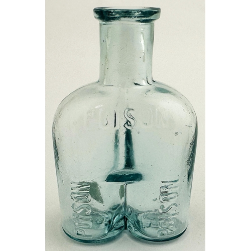 35 - BINOCULARS POISON BOTTLE. (DP p24)3.7ins tall, aqua glass, bluey aqua where thick, square edged lip.... 