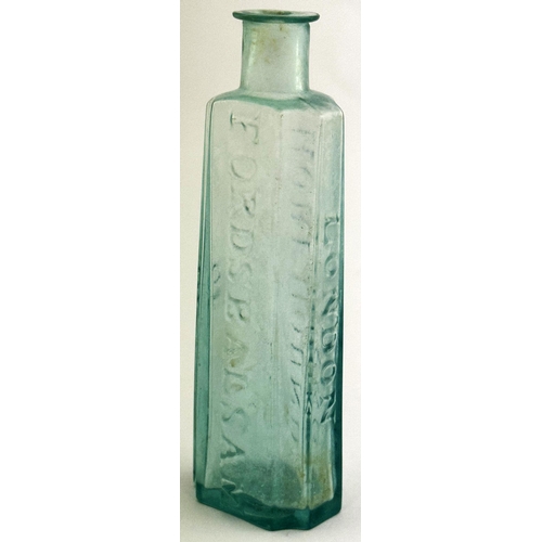 36 - FORDS BALSAM OF HOREHOUND LONDON PONTIL EMBOSSED MEDICINE. 5.1ins tall. Lovely bluey aqua glass. c.1... 