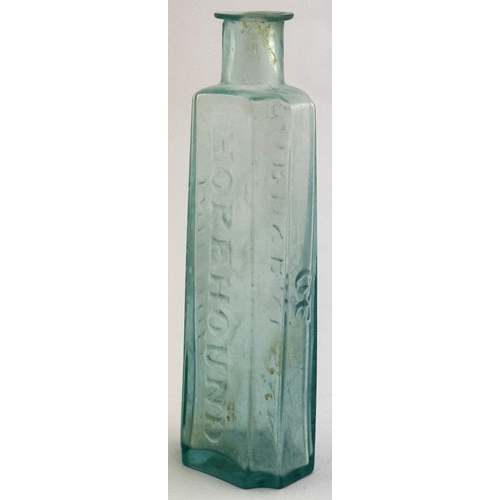 36 - FORDS BALSAM OF HOREHOUND LONDON PONTIL EMBOSSED MEDICINE. 5.1ins tall. Lovely bluey aqua glass. c.1... 