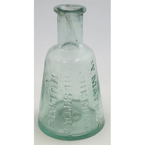 37 - W MATHER CHEMIST CHESTER RD HULME PONTIL EMBOSSED MEDICINE. 3.5ins tall. Really fine mid aqua glass ... 