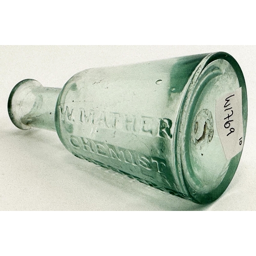 37 - W MATHER CHEMIST CHESTER RD HULME PONTIL EMBOSSED MEDICINE. 3.5ins tall. Really fine mid aqua glass ... 