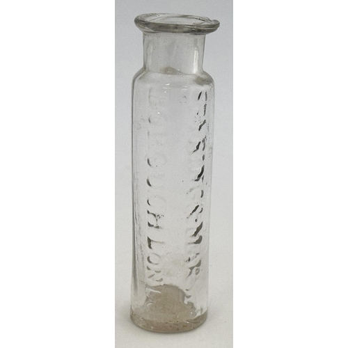 38 - SPYRING & MARS BOROUGH LONDON PONTIL EMBOSSED MEDICINE. 3.8ins tall. Clear lead glass thin cylinder,... 