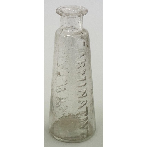 43 - DALBYS CARMINATIVE PONTIL EMBOSSED MEDICINE. 4ins tall. Clear/ lead glass tapering form with a lovel... 