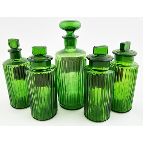 55 - PHARMACY SHOP ROUNDS. Tallest 7ins. Green, vertical ribs, 3 wide necks, various ground glass chisel ... 