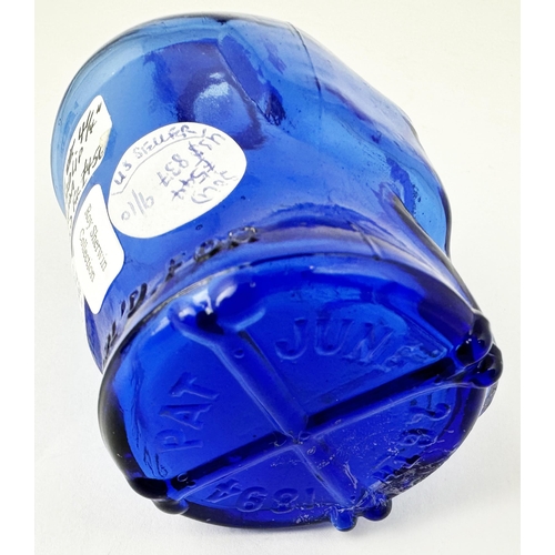 60 - SKULL POISON BOTTLE. (DP pg 20 - correctly dubbed deaths head) 4.1ins tall. Cobalt blue glass moulde... 