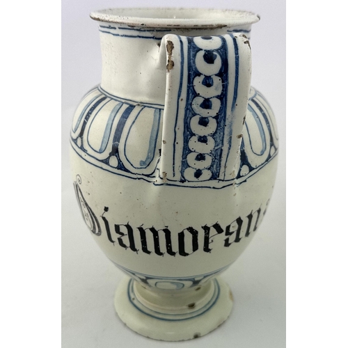 62 - SPOUTED & HANDLED WET PHARMACY JAR. 8.25ins tall. Tin Glazed, hand decorated - blue oxide arches or ... 