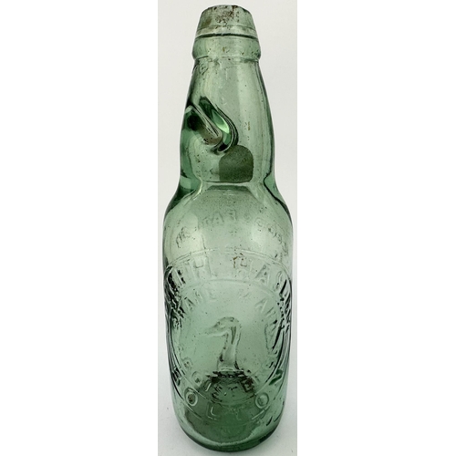 65 - JOSEPH HASLAM BOLTON CODDS PATENT 4 NARROW NECK CODD BOTTLE. 8.7ins tall. Aqua glass 10oz size early... 