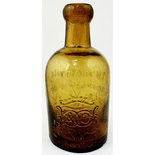 68 - DISS SELTZER BOTTLE. 6.3ins tall. Golden amber. Embossed one side THIS IS THE/ PROPERTY OF/ GOSTLING... 