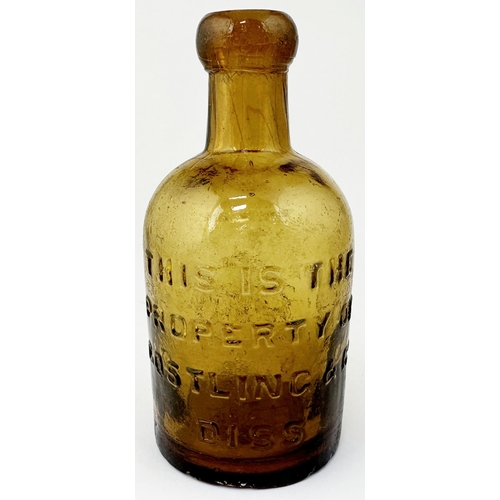 68 - DISS SELTZER BOTTLE. 6.3ins tall. Golden amber. Embossed one side THIS IS THE/ PROPERTY OF/ GOSTLING... 