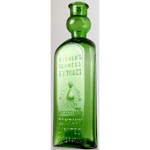 79 - FISHERS SEAWEED EXTRACT BOTTLE. 7.4ins tall. Vibrant emerald green triangular bottle with patented p... 