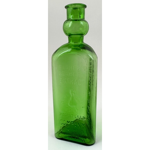 79 - FISHERS SEAWEED EXTRACT BOTTLE. 7.4ins tall. Vibrant emerald green triangular bottle with patented p... 