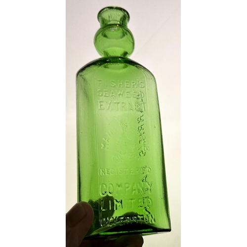 79 - FISHERS SEAWEED EXTRACT BOTTLE. 7.4ins tall. Vibrant emerald green triangular bottle with patented p... 