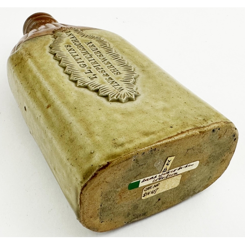 83 - SHREWSBURY SLAB SEALED SPIRIT FLASK. 7.2ins tall. Superb, very rare & attractive, t.t., rib necked, ... 