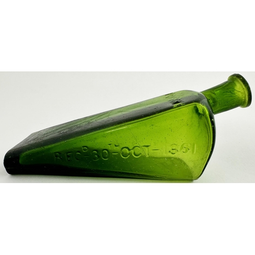 88 - GILBERTSONS WEDGE PATENT POISON BOTTLE. DP p22). Mid green glass wedge shape gradating to dark green... 