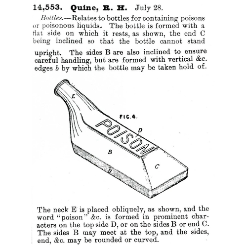 90 - QUINES POISON BOTTLE. (DP p 34) 7.4ins long. Delightful ice blue glass, embossed POISON either side ... 