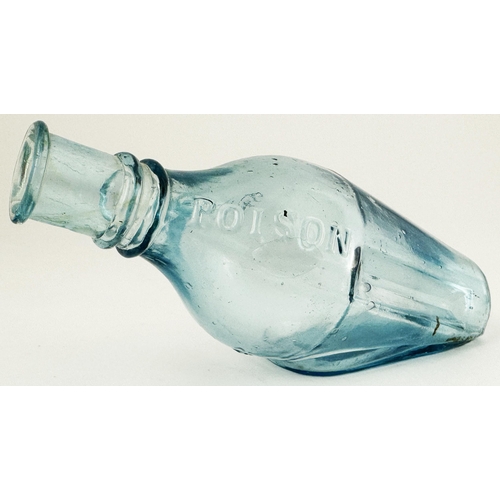 91 - QUINES POISON BOTTLE. (DP p 34) 5.6ins long. Delightful ice blue glass, embossed POISON either side ... 