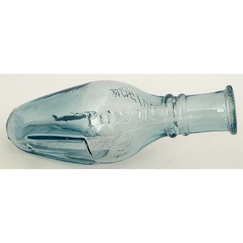 92 - QUINES POISON BOTTLE. (DP p 34) 4.6ins long. Delightful ice blue glass, embossed POISON either side ... 