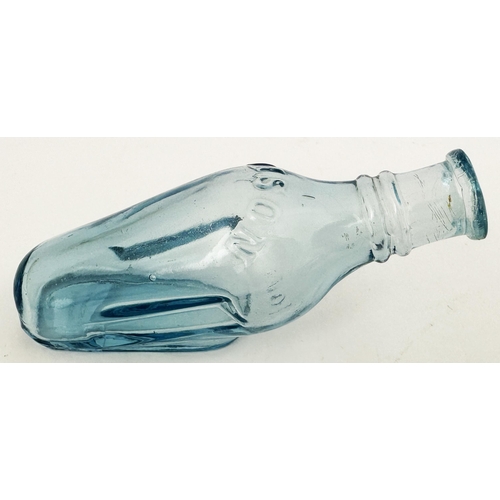 93 - QUINES POISON BOTTLE. (DP p 34) 3.9ins long. Delightful ice blue glass, embossed POISON either side ... 