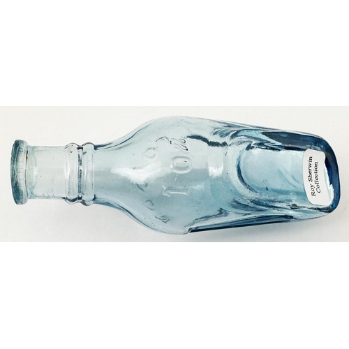 93 - QUINES POISON BOTTLE. (DP p 34) 3.9ins long. Delightful ice blue glass, embossed POISON either side ... 