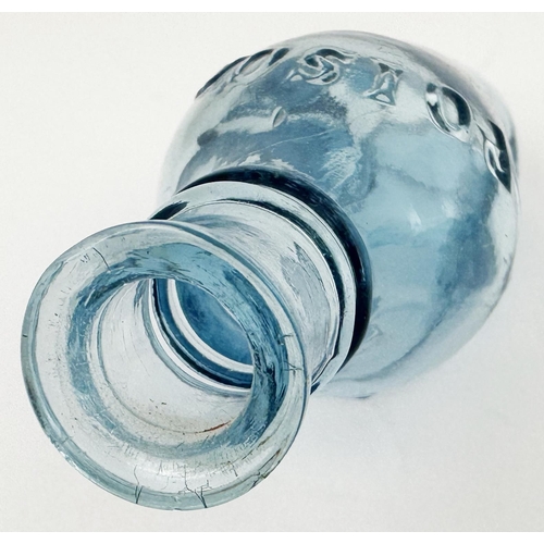 93 - QUINES POISON BOTTLE. (DP p 34) 3.9ins long. Delightful ice blue glass, embossed POISON either side ... 