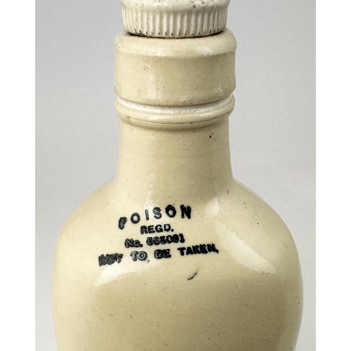 97 - STONEWARE POISON BOTTLE. 9.7ins tall. Unusual triangular bodied white stoneware bottle, rounded corn... 