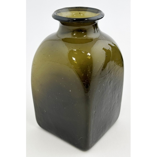 163 - EARLY ENGLISH WIDE NECKED SQUARE UTILITY. 5.1ins tall, black glass/ dark green. Short neck topped wi... 