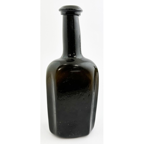 165 - EARLY ENGLISH UTILITY BOTTLE. 8.7ins tall. Extremely dark black glass rectangular form with facetted... 